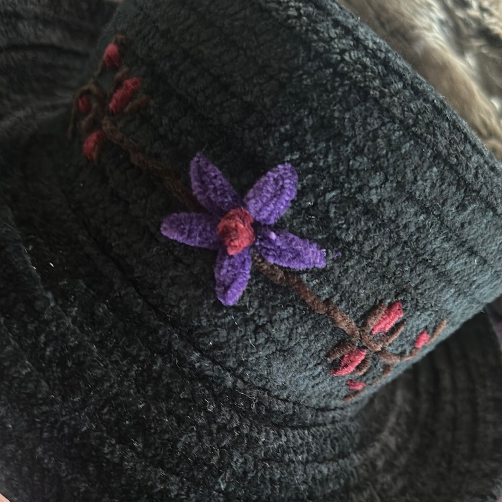 Black Bucket Hat with Purple Floral embellishments